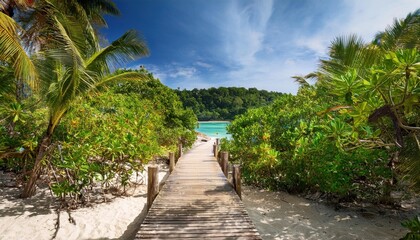 Wall Mural - vibrant summer journey through lush greenery leading to a serene beach oasis