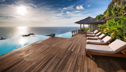 Wall Mural - vibrant summer getaway with stunning ocean views and relaxing lounge chairs