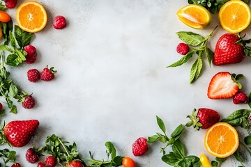 Poster - Colorful Fresh Fruit and Green Leaves Arrangement on Light Background : Generative AI