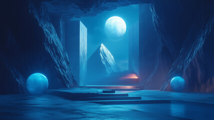 Wall Mural - surreal landscape featuring mystical cave with glowing spheres, illuminated stairs, and large moon in background, creating otherworldly atmosphere