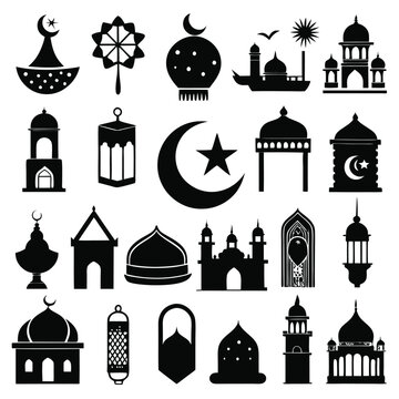 Ramadan Kareem celebrate cards set. Ramadan islamic holiday invitations templates collection with gold crescent moon, hand drawn lettering and mosque. Vector illustration