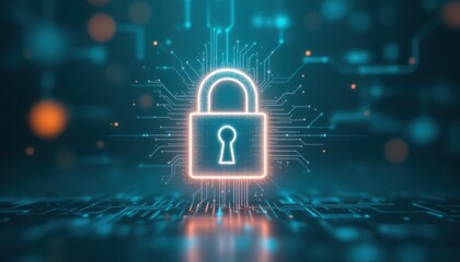 Poster - Digital security concept with glowing padlock and circuit network