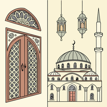 Ramadan Kareem celebrate cards set. Ramadan islamic holiday invitations templates collection with gold crescent moon, hand drawn lettering and mosque. Vector illustration