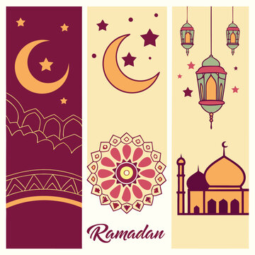 Ramadan Kareem celebrate cards set. Ramadan islamic holiday invitations templates collection with gold crescent moon, hand drawn lettering and mosque. Vector illustration