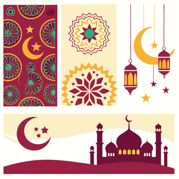 Ramadan Kareem celebrate cards set. Ramadan islamic holiday invitations templates collection with gold crescent moon, hand drawn lettering and mosque. Vector illustration
