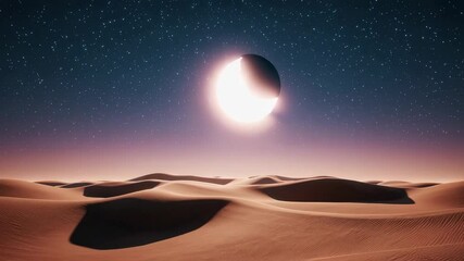Poster - Celestial phenomenon gradually revealing lunar silhouette, casting mesmerizing shadows over rippling desert sand dunes during tranquil nighttime astronomical event