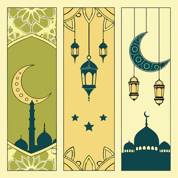 Ramadan Kareem celebrate cards set. Ramadan islamic holiday invitations templates collection with gold crescent moon, hand drawn lettering and mosque. Vector illustration