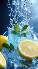 Poster - Refreshing citrus drink with splashing water and ice cubes on a dark blue background