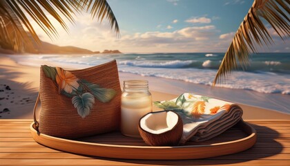 Wall Mural - vibrant summer beach setting with tropical decor and refreshing coconut drink