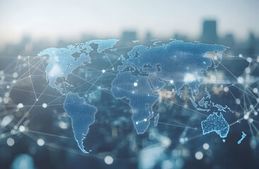 Aufkleber - A blue background with global network connections and the world map
