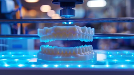 Poster - A dental lab utilizes advanced 3D printing technology to create a lifelike model of human teeth, capturing intricate details. Blue light illuminates the printing process.