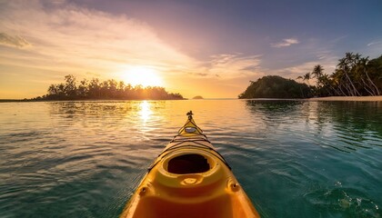 Wall Mural - kayaking at sunset in a tranquil tropical paradise with vibrant waves and golden skies