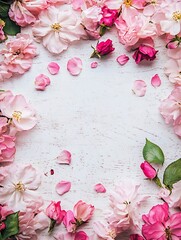 Poster - Elegant Floral Frame with Pink Petals on White Rustic Background : Generative AI