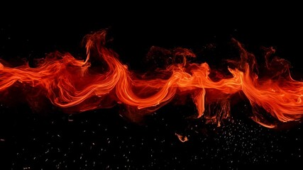 Poster - Abstract fire flames creating a burning wave with sparks on a black background, perfect for representing concepts of energy, heat, and danger