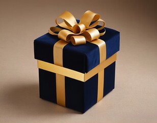 Wall Mural - Elegant gift box in navy blue with a gold ribbon and bow, perfect for special occasions.