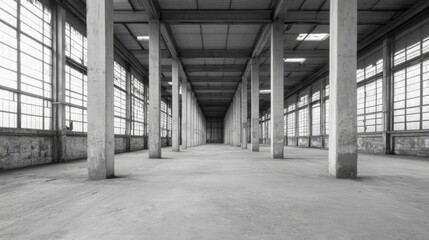 Wall Mural - Empty industrial building interior, long perspective, concrete floor, large windows, architectural design, stock photo