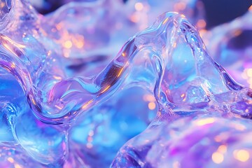 Wall Mural - Photo 3d render Metallic liquid background. Abstract neon texture. Rainbow 3d holographic foil. Wavy glossy surface in blue and purple colors Background	