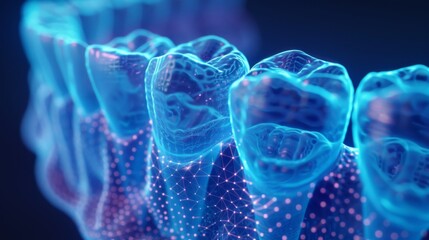 Fototapete - This visual displays a highly detailed digital rendering of human teeth with an emphasis on their structure and glowing effects, highlighting modern dental technology in a futuristic style.