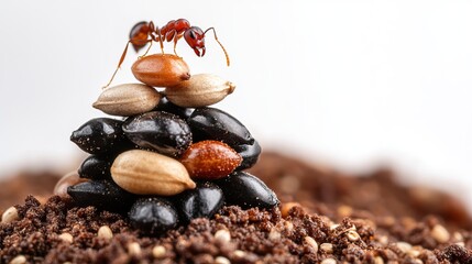 Ants gather seeds, forming a unique pile on soil, showcasing their industrious nature in a close-up shot.