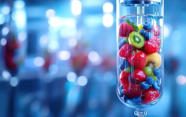 Wall Mural - A vibrant image featuring a glass container filled with fresh berries and kiwi, set against a blurred blue background.