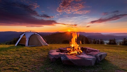 Sticker - Vibrant summer sunset by the campsite with glowing campfire illuminating the evening sky