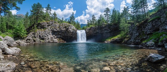 Poster - Beautiful waterfall cascading into a clear lake surrounded by rocky cliffs and lush green forest