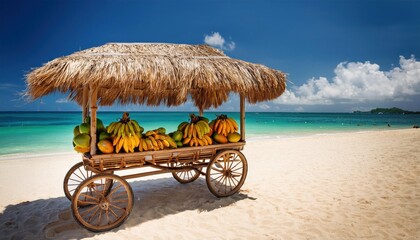 Wall Mural - vibrant summer beach scene with a tropical fruit stand by the clear blue ocean