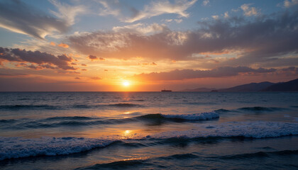  Sunset over tranquil waters highlighting rhythmic waves and distant ships on the horizon during a serene evening