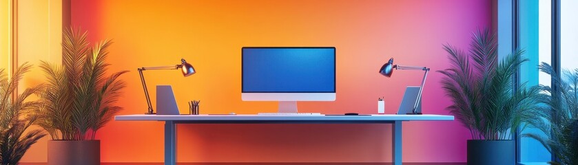 Poster - a modern workspace featuring a computer, desk, and vibrant gradient wall colors, complemented by dec