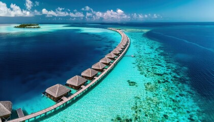 Wall Mural - serene summer getaway over turquoise waters with luxurious huts and endless horizons