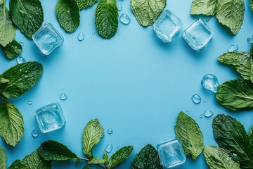 Poster - Fresh mint leaves and ice cubes on light blue background creating a cool summer vibe