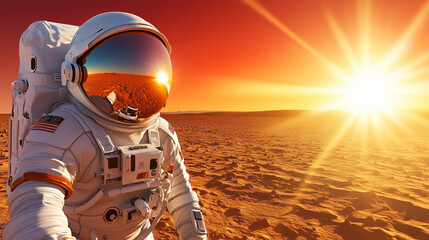 Wall Mural - an astronaut stands on a rocky terrain, wearing a spacesuit, as