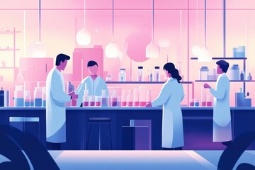 Wall Mural - A team of researchers in a pharmaceutical lab, A group of scientists in lab coats collaborating on experiments in a modern laboratory setting.