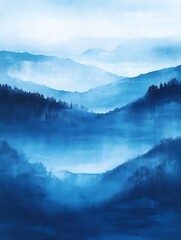 Poster - Serene Blue Mountain Landscape with Mist and Trees in Layers : Generative AI
