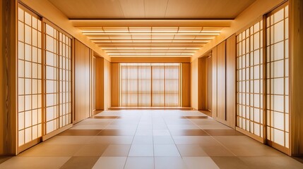 Wall Mural - Elegant Japanese Interior with Shoji Doors and Warm Lighting in Minimalist Design : Generative AI