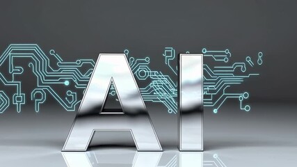 Aufkleber - Metallic artificial intelligence symbol is reflecting on a gray background with a light blue circuit design in the background, symbolizing technological advancement, in slow motion