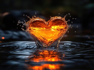 Poster - Golden heart shape water splash on dark surface with reflection and bokeh lights in background