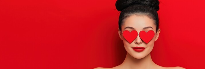 Wall Mural - A woman wearing red heart shaped sunglasses. The woman is smiling and looking at the camera. The image is a close up of the woman's face