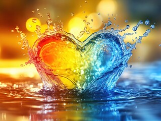 Poster - Heart shaped water splash with vibrant colors against a blurred bokeh background effect