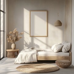 Wall Mural - A bedroom with a white bed, a white pillow, and a white blanket