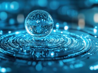 Poster - Abstract glass sphere with digital circuit pattern on a reflective surface in blue tones