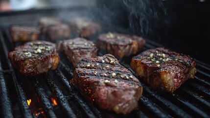 Wall Mural - Delicious steaks cooking on a hot grill with smoke and flames creating a mouthwatering scene