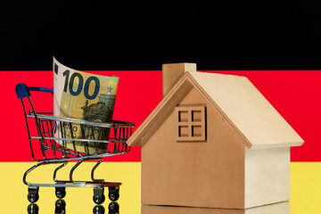 Wall Mural - Symbolic house and 100 euro bill in a shopping cart against the background of the German flag