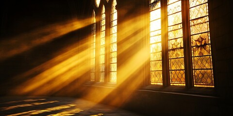 Fototapete - Golden Sunlight Streaming Through Historic Church Windows Creating Ethereal Ambiance : Generative AI