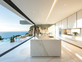 Wall Mural - A large kitchen with a white counter and a view of the ocean