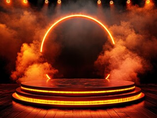 Poster - Glowing orange stage with neon circle and smoke under spotlights in a dark setting