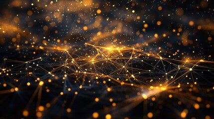 Poster - Abstract golden network with glowing dots on dark background creating a futuristic scene