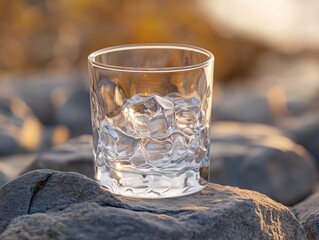 Poster - Glass of ice water resting on rock with golden hour light creating a warm and peaceful scene