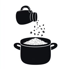 Wall Mural - Cooking rice pouring rice into pot, in kitchen, with steam, for recipe or graphic