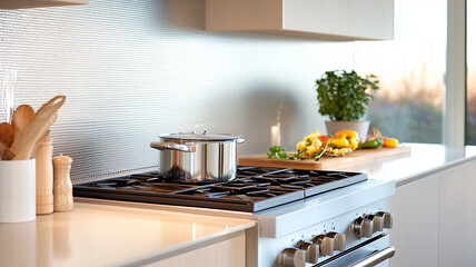 Wall Mural - Modern kitchen with stainless steel stove, pot, and fresh vegetables